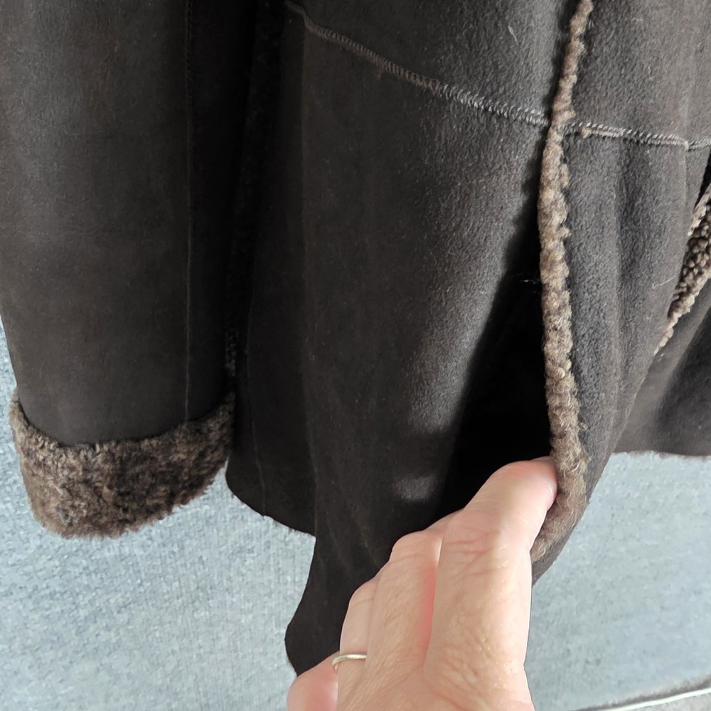 Vince M Shearling Leather Coat Spanish Merino Lamb Wool Brown Suede Hooded - Picture 9 of 13